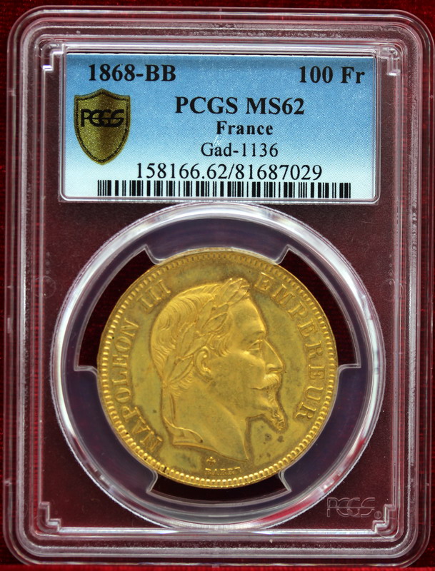 フランス1868BB超特年100フラン金貨ナポレオンIII有冠MS62最少789枚 