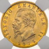 イタリア　1875年　20リレ 金貨　ヴィットリオ・エマヌエーレ2世　EF極美品