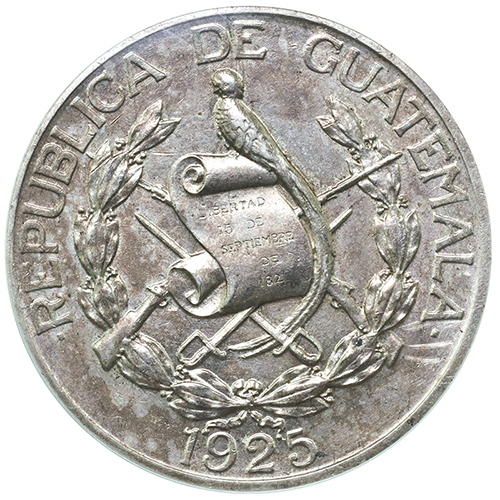 グアテマラ 1925年銘 1ケツァル銀貨 ケツァール鳥 KM#242 PCGS AU58 
