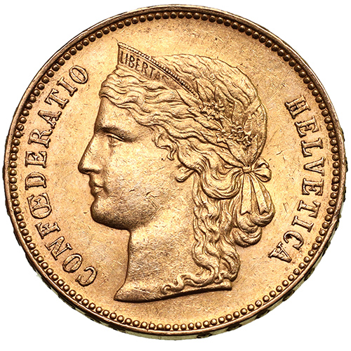 スイス 1895年B ヘルヴェティア 20フラン金貨 ベルンミント AU〜UNC 準
