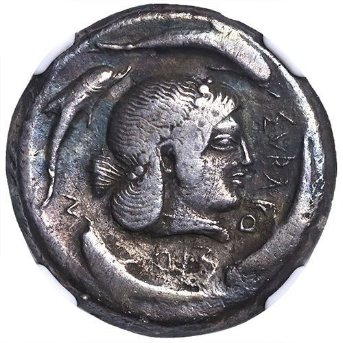 古代シチリア シラクサ テトラドラクマ銀貨 アレトゥーサとイルカ 480