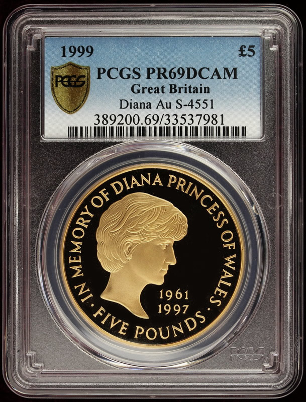 イギリス 1999年 エリザベス 5ポンドプルーフ金貨 ダイアナ追悼 PR69