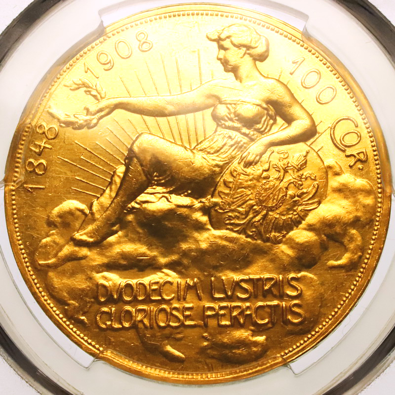 オーストリア 1908年銘 100Corona大型金貨 在位60年記念 ”雲上の女神” PCGS AU58【アンティークコイン・金貨・銀貨の販売・買取  ルナコイン】