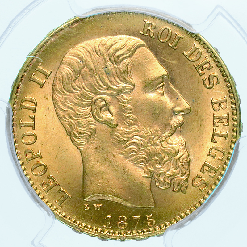 ベルギー レオポルド2世 1875年銘 20フラン 金貨 PCGS MS67 最高
