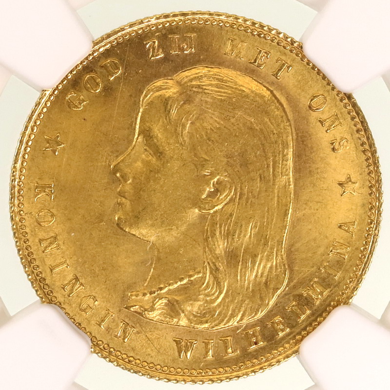 オランダ 1897年 10グルデン金貨 ウィルヘルミナ女王 NGC UNC鑑定