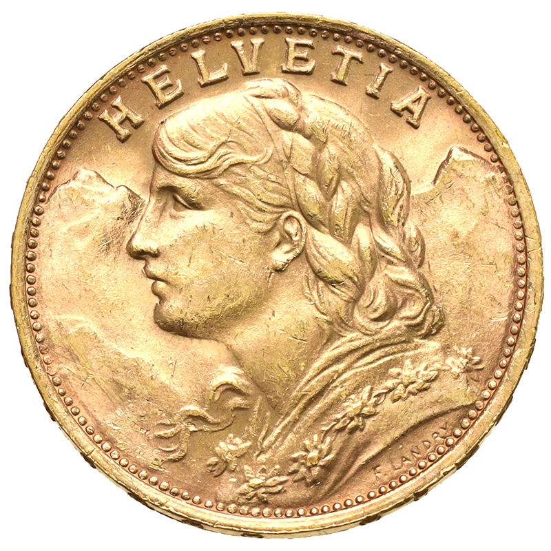 スイス 1947年B 20フラン金貨 アルプスと少女 ブレネリ ヘルベティア
