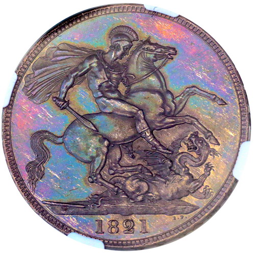 イギリス 1821年 クラウン銀貨 ジョージ4世 Secundo on edge 妖艶遊色 