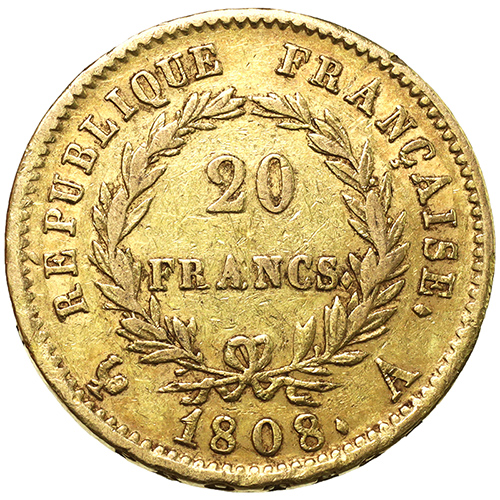 フランス 1808A ナポレオン Napoleon 20フラン 金貨 パリミント VF 美