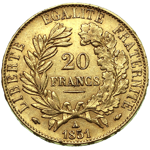 フランス 1851A セレス女神 Ceres 20フラン 金貨 パリミント EF 極美品