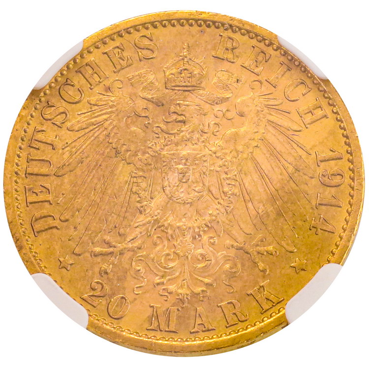 ドイツ プロイセン 1914年 20マルク 金貨 ヴィルヘルム2世 NGC MS63【アンティークコイン・金貨・銀貨の販売・買取 ルナコイン】