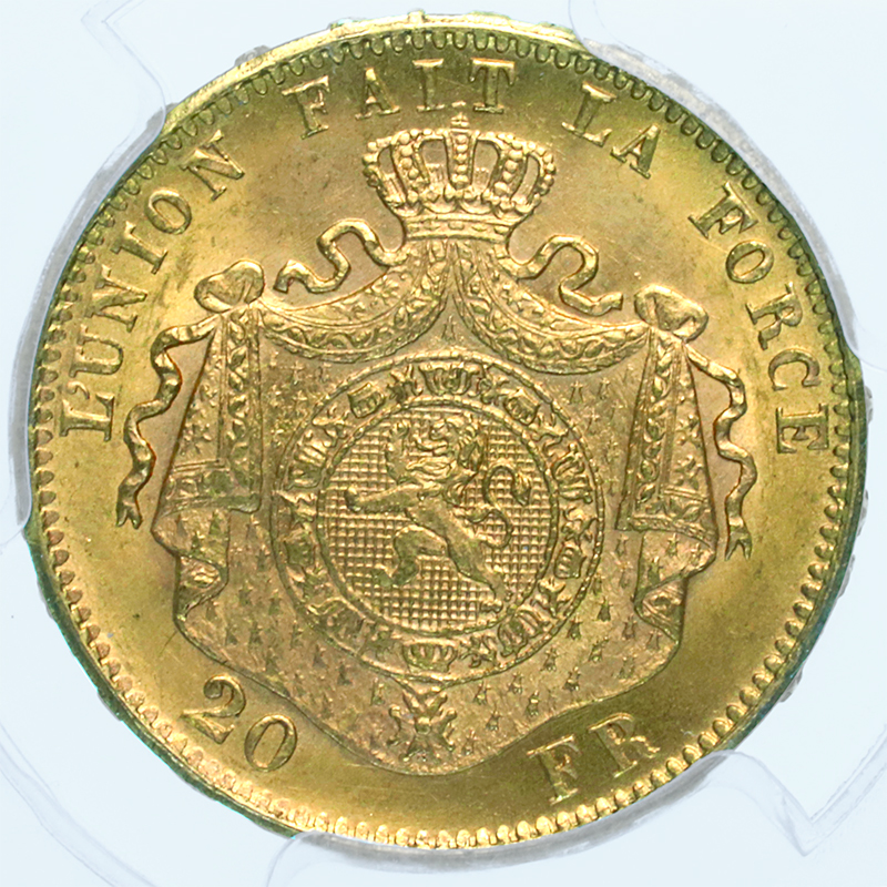 ベルギー レオポルド2世 1875年銘 20フラン 金貨 PCGS MS67 最高