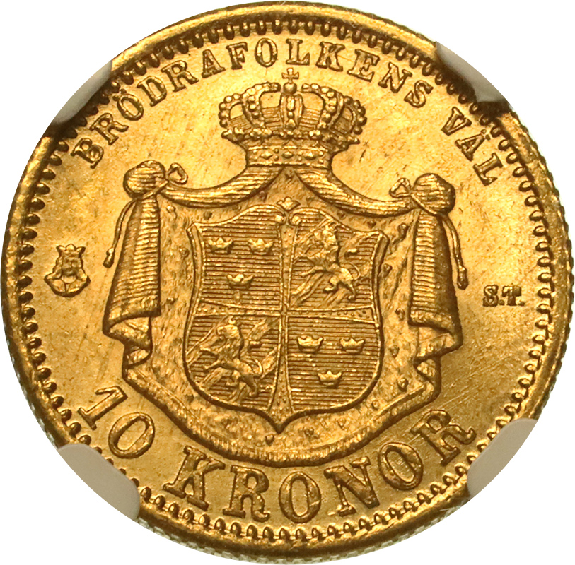 スウェーデン 1874/3年 10クローナ 金貨 オスカル2世 NGC MS65 年 