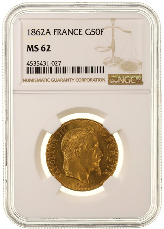 フランス 1862年A ナポレオン3世 50フラン金貨 月桂冠 パリミント NGC MS62【アンティークコイン・金貨・銀貨の販売・買取 ルナコイン】