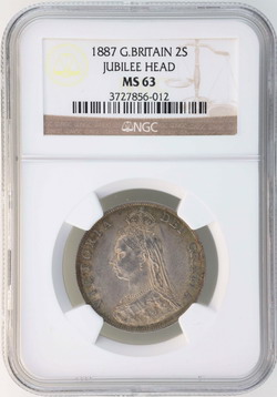 イギリス GREAT BRITAIN 1887年2シリング フローリン銀貨 ヴィクトリアVictoria ジュビリーヘッド NGC  MS63【アンティークコイン・金貨・銀貨の販売・買取 ルナコイン】