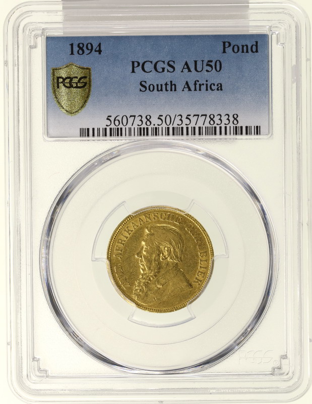 南アフリカ 1894年 1ポンド 金貨 クルーガー PCGS AU50【アンティーク