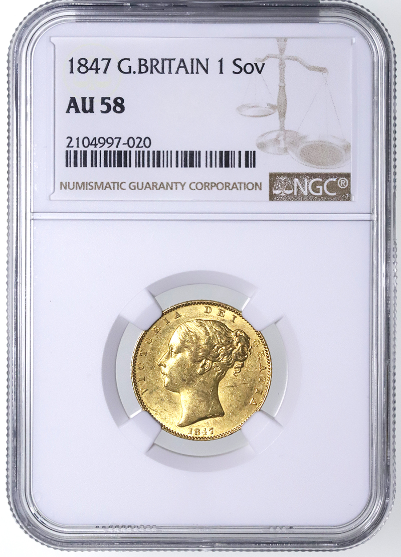 イギリス 1847年 ソブリン金貨 ヴィクトリア ビクトリア Victoria ヤングヘッド NGC AU58【アンティークコイン・金貨・銀貨の販売・買取  ルナコイン】