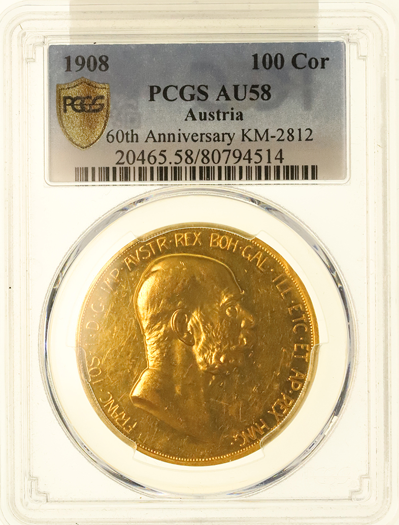 オーストリア 1908年銘 100Corona大型金貨 在位60年記念 ”雲上の女神” PCGS AU58【アンティークコイン・金貨・銀貨の販売・買取  ルナコイン】