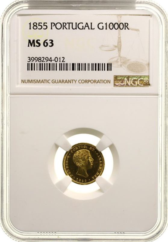 ポルトガル 1855年 1000レイス 金貨 ペドロ5世 NGC MS63【アンティーク