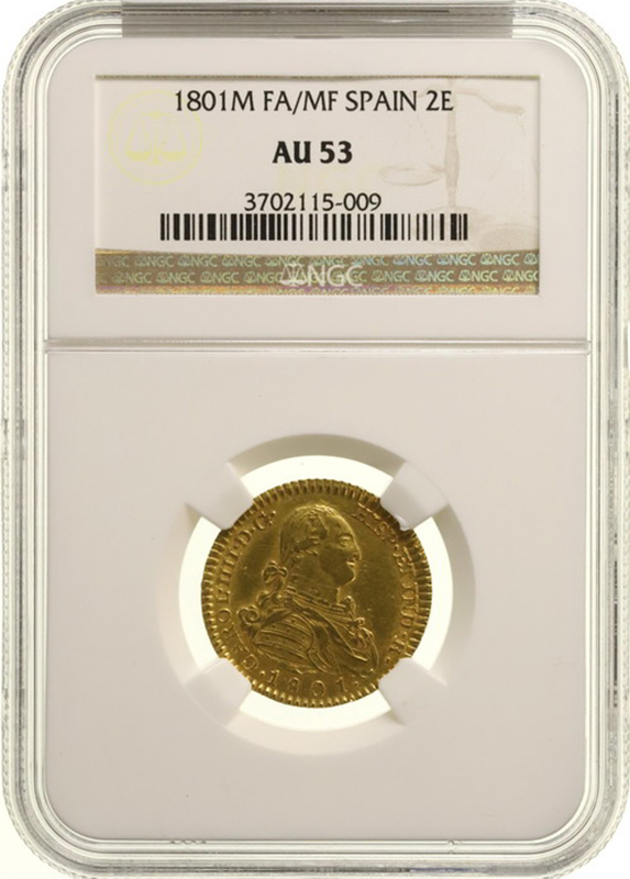 スペイン 1801年 2エスクード 金貨 カルロス4世 NGC AU53