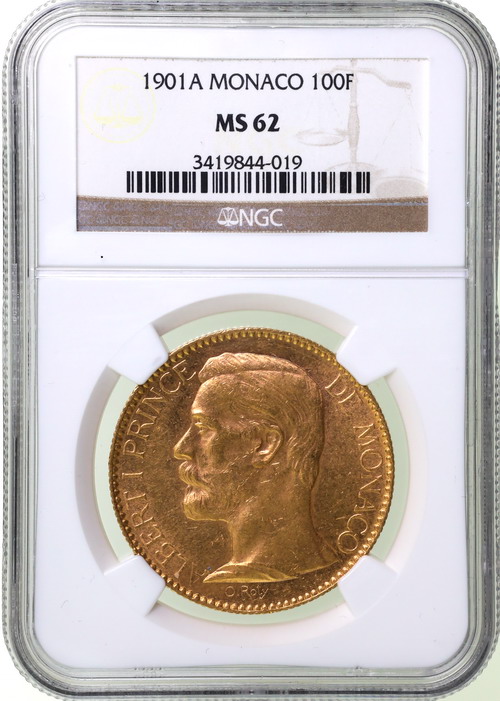 モナコ 1901A 100フラン大型金貨 パリミント アルベール1世 NGC MS62【アンティークコイン・金貨・銀貨の販売・買取 ルナコイン】