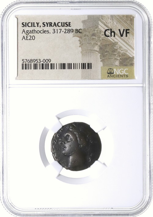 古代シチリア 紀元前317-289年 シラクサ AE20 アガトクレス 銅貨 NGC