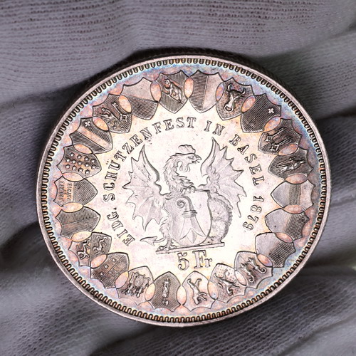スイス 1879年銘 5フランケン 記念 大型 銀貨 バーゼル 射撃祭シリーズ