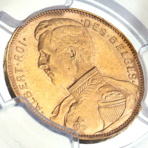 ベルギー ブリュッセル 1914年 アルベール1世 20フラン金貨 Position A PCGS  UNC鑑定【アンティークコイン・金貨・銀貨の販売・買取 ルナコイン】