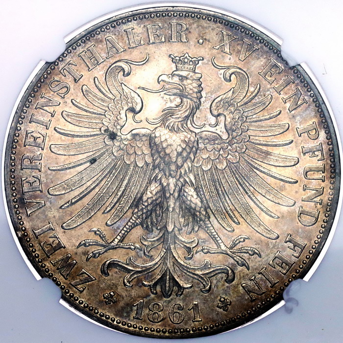 最も優遇の 1860 ドイツ フランクフルト ２ターラー銀貨 NGC MS62