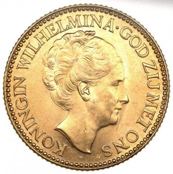 オランダ 1925年 10グルデン 金貨 ウィルヘルミナ女王 EF+