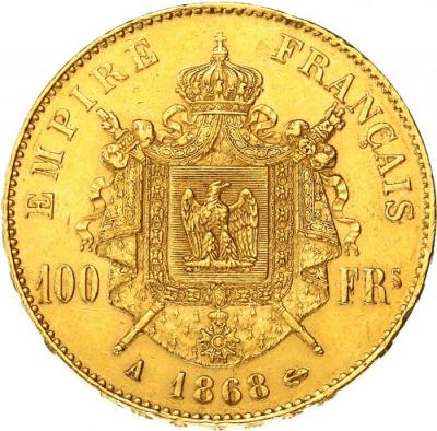 フランス　1868年A　ナポレオン3世　100フラン金貨 月桂冠　パリミント