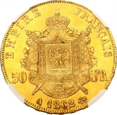 フランス　1862年A　ナポレオン3世　50フラン金貨 月桂冠　パリミント NGC　MS62