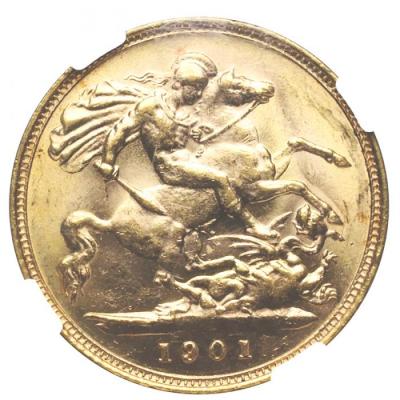 イギリス 1901年　ハーフソブリン金貨　ヴィクトリア　ビクトリア　Victoria　ヴェールドヘッド　NGS MS64