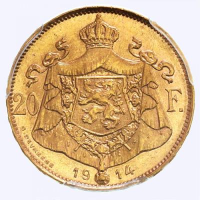 ベルギー　ブリュッセル　1914年　アルベール1世　20フラン金貨　Position A　PCGS　UNC鑑定