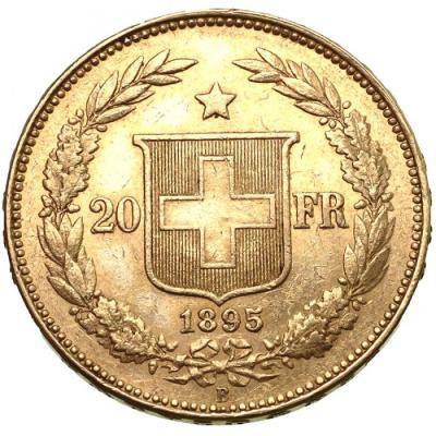 スイス　1895年B　ヘルヴェティア　20フラン金貨　ベルンミント　AU〜UNC　準未使用〜未使用