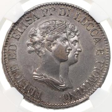 イタリア - ルッカ・ピオンビーノ公国　1807年(オリジナル年号)　5フランキ銀貨　フェリーチェ・バチョッキ=エリザ・ボナパルト　NGC XF45
