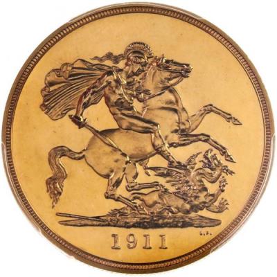 イギリス　1911年　ジョージ5世　5ポンド プルーフ金貨　PCGS PR63　発行枚数2812枚