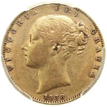イギリス 特年1838年銘初年度発行　ソブリン金貨　ヴィクトリア　ビクトリア　Victoria ヤングヘッド　PCGS AU50