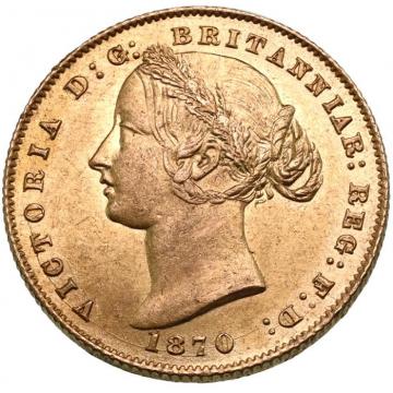 イギリス領オーストラリア　1870年銘　ヴィクトリア　ビクトリア　Victoria　ヤングヘッド　ソブリン金貨 シドニーミント　AU(準未使用)