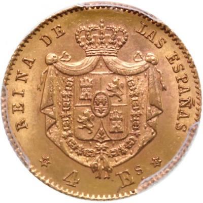 スペイン　1868年　イサベル2世　4エスクード金貨　マドリード　PCGS　MS62