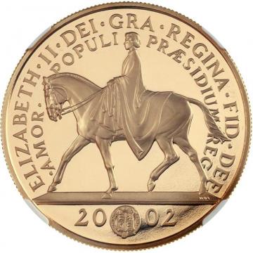 イギリス 2002年 5ポンドプルーフ金貨エリザベス2世即位50年 「馬上の女王」 NGC PF70UCAM