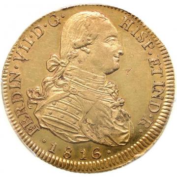 スペイン領チリ　1816年So-FJ　サンティアゴ　フェルナンド7世　カルロス4世　8エスクード金貨　PCGS　AU55