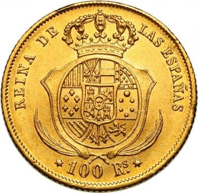 スペイン　1861年　100レイス　金貨　イザベル
