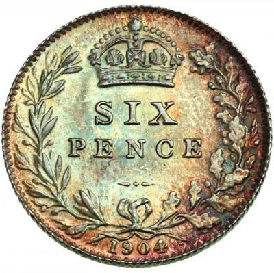 イギリス　1904年　エドワード7世　6ペンス銀貨 妖艶 ピンクリバーシブルトーン　UNC未使用