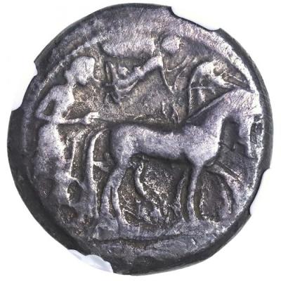 古代シチリア シラクサ テトラドラクマ銀貨　アレトゥーサとイルカ 480-475BC NGC F 4/5,2/5