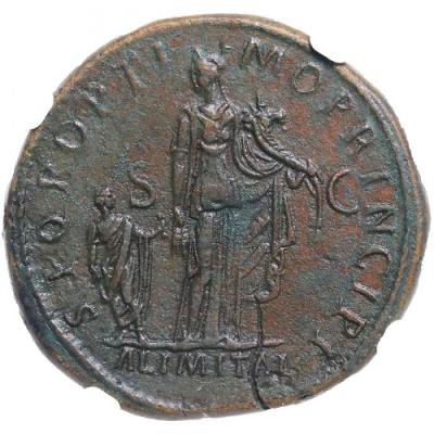古代ローマ　AD98-117年 トラヤヌス　セステルティウス　大型銅貨　　NGC Ch XF　5/5　4/5