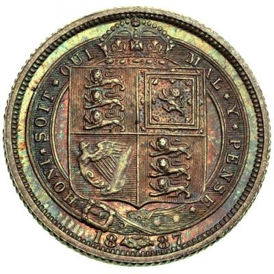 イギリス1887年銘　6ペンス銀貨Sixpence　ヴィクトリア　ビクトリア　Victoria ジュビリーヘッド　艶色グリーントーン　UNC未使用