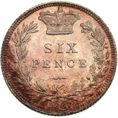 イギリス1887年銘　6ペンス銀貨Sixpence　ヴィクトリア　ビクトリア　Victoria ヤングヘッド　艶色ピンクPINKトーン　UNC未使用
