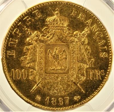 フランス　1867BB　特年　100フラン大型金貨　ナポレオン三世　月桂冠　有冠　PCGSAUd