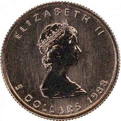カナダ　1988年　5ドル　1/10オンス　純プラチナ貨　メイプルリーフ