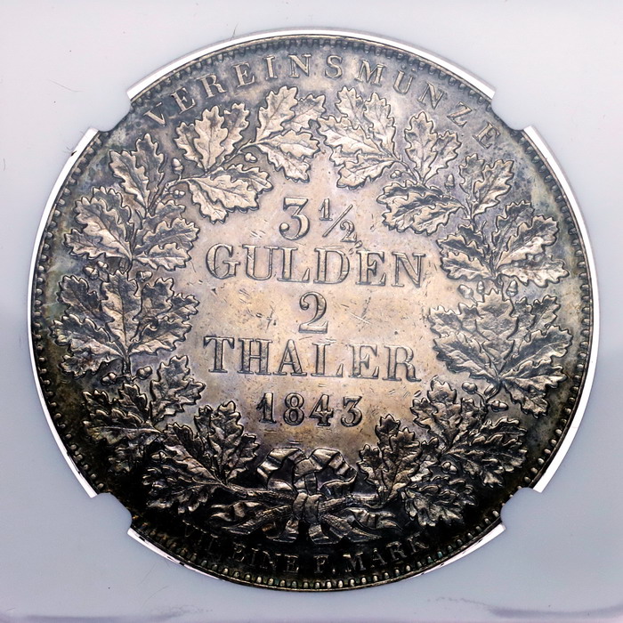 ドイツ 1843年フランクフルト 2ターラー(3.5グルデン) 大型 銀貨 都市景観 NGC ライジング・サン トーン【アンティークコイン
